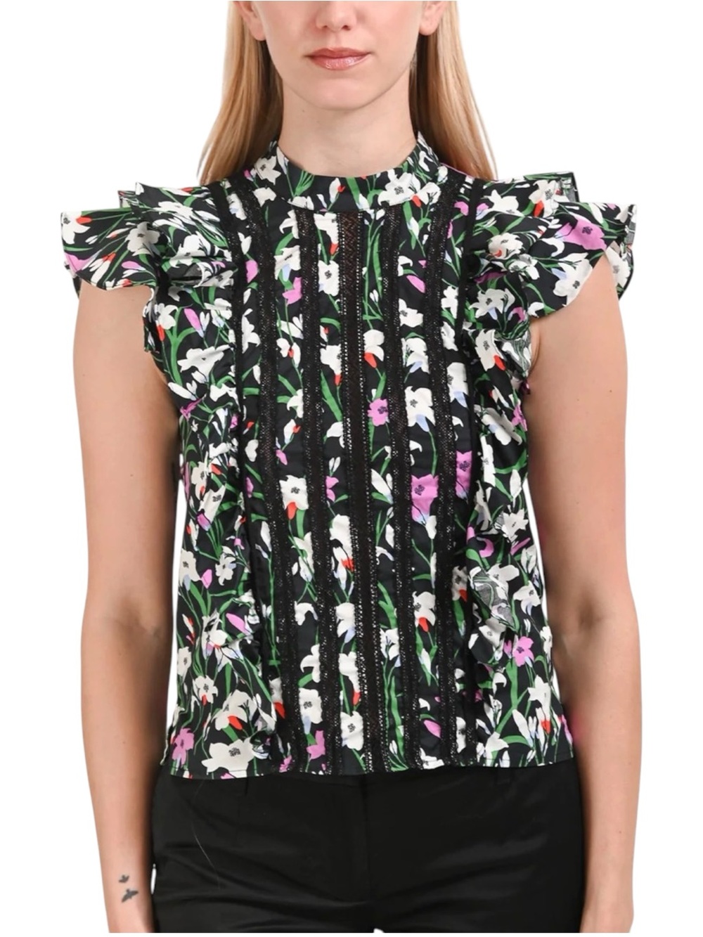 Veronica Beard Sol Blouse Black Floral Ruffle Sleeve Mock Neck Top 12